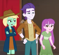 Size: 741x689 | Tagged: safe, screencap, dakota verde, dirk thistleweed, violet wisteria, equestria girls, equestria girls series, spoiler:eqg series (season 2), background human, clothes, cropped, crossed arms, female, how to backstage, lipstick, male, smiling