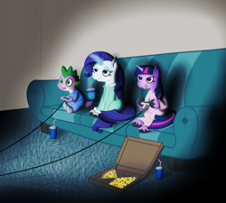 Size: 2253x2025 | Tagged: safe, artist:serenepony, derpibooru import, rarity, spike, twilight sparkle, unicorn twilight, dragon, pony, unicorn, clothes, controller, food, magic, pajamas, pizza, request, soda, sofa, tongue out, unshorn fetlocks, younger