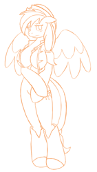 Size: 550x975 | Tagged: safe, artist:allrights, oc, oc only, oc:solar spark, anthro, anthro oc, arm hooves, breasts, clothes, hat, monochrome, sketch, spread wings, vest