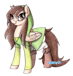 Size: 1664x1720 | Tagged: safe, artist:cihiiro, oc, oc only, oc:angel, pegasus, pony, belt, boots, brown boots, brown eyes, brown mane, brown tail, clothes, costume, crossover, female, glasses, link, link's hat, looking at you, mare, obtrusive watermark, pegasus oc, shoes, simple background, skirt, smiling, smiling at you, solo, tan coat, the legend of zelda, tights, traditional art, transparent background, tunic, watermark, wings