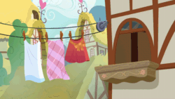 Size: 1280x720 | Tagged: safe, screencap, linky, shoeshine, earth pony, pony, the big mac question, animated, clothes line, faic, female, floppy ears, gif, looking around, mare, ponyville, shoeshine's window, solo, worried