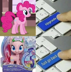 Size: 596x598 | Tagged: safe, pinkie pie, earth pony, pony, female, keyboard, mare, meme, toy, upgrade meme, vulgar