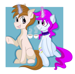 Size: 2228x2196 | Tagged: safe, artist:redpalette, oc, oc:blooming corals, oc:white shield, pony, unicorn, food, sitting, tea