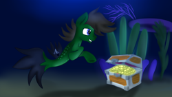 Size: 1280x720 | Tagged: safe, artist:jbond, oc, oc only, oc:delta hooves, seapony (g4), commission, male, seaponified, species swap, stallion, text, treasure, treasure chest, ych result