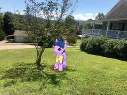 Size: 4032x3024 | Tagged: safe, photographer:undeadponysoldier, twilight sparkle, unicorn twilight, pony, unicorn, augmented reality, beautiful, bush, clothes, cute, dress, female, field, gameloft, house, irl, mare, photo, ponies in real life, solo, tree, twiabetes