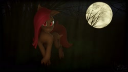 Size: 1920x1080 | Tagged: safe, artist:fluffyrescent, fluttershy, bat pony, pegasus, pony, vampire, vampony, 3d, bat ponified, blender, flutterbat, forest, moon, night, race swap, solo