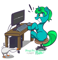 Size: 1295x1325 | Tagged: safe, artist:floofyfoxcomics, oc, oc:kimi, bird, goose, pony, unicorn, computer, female, mare, simple background, solo, transparent background, untitled goose game