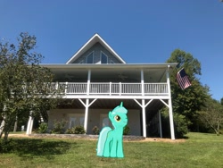 Size: 4032x3024 | Tagged: safe, photographer:undeadponysoldier, lyra heartstrings, pony, unicorn, american flag, augmented reality, balcony, female, gameloft, house, irl, mare, photo, ponies in real life, solo, tree