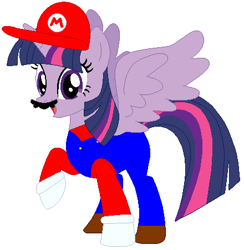 Size: 440x450 | Tagged: safe, artist:hubfanlover678, artist:selenaede, twilight sparkle, twilight sparkle (alicorn), alicorn, barely pony related, base used, cap, clothes, crossover, gloves, hat, mario, mario's hat, nintendo, overalls, shirt, shoes, super mario bros., undershirt