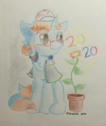 Size: 1011x1212 | Tagged: safe, artist:fireworks sea, oc, oc:fireworks sun, unicorn, cap, clothes, flower, hat, solo, traditional art