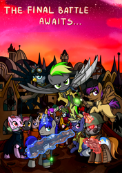 Size: 3508x4961 | Tagged: safe, artist:x-blackpearl-x, oc, oc only, oc:destiny dazzle (dee), oc:dethament, oc:flyeon rain (arno), oc:gear indust, oc:glareo, oc:littlepip, oc:midday sand, oc:opera, earth pony, griffon, pegasus, pony, unicorn, fallout equestria, fallout equestria: the rejected ones, amputee, armor, army, artificial wings, augmented, browser ponies, canterlot, cape, clothes, cowboy hat, fanfic, fanfic art, fantasy class, female, flying, glowing horn, goggles, gun, handgun, hat, hooves, horn, imminent battle, knife, knight, levitation, magic, male, mare, optical sight, paladin, pipbuck, poster, prosthetic limb, prosthetic wing, prosthetics, red clouds, revolver, rifle, scope, sitting, smiling, spread wings, stallion, standing, sword, telekinesis, vault suit, warrior, weapon, wings