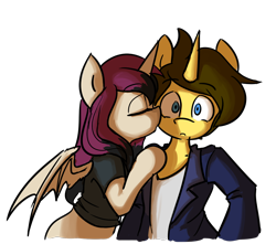 Size: 1168x1034 | Tagged: safe, artist:spheedc, oc, oc only, oc:dream chaser, oc:svarlet batfire, alicorn, bat pony, bat pony alicorn, unicorn, clothes, female, kiss on the cheek, kissing, male, mare, simple background, stallion, transparent background