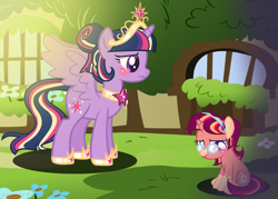 Size: 2269x1629 | Tagged: safe, artist:awoomarblesoda, twilight sparkle, twilight sparkle (alicorn), oc, oc:tarot spell, alicorn, pony, unicorn, base used, female, filly, glasses, mother and child, mother and daughter, offspring, parent and child, parent:sunburst, parent:twilight sparkle, parents:twiburst, sad, sitting