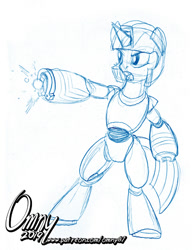 Size: 600x780 | Tagged: safe, artist:omny87, twilight sparkle, megaman, megaman (character), megamare, monochrome, sketch, traditional art