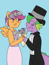 Size: 1536x2048 | Tagged: safe, artist:mintymelody, scootaloo, spike, anthro, a canterlot wedding, clothes, female, flower filly, flower girl, flower girl dress, hat, holding hands, male, marriage, scootaspike, shipping, sidemouth, straight, suit, top hat, tuxedo, wedding, wedding bouquet