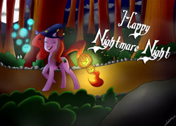 Size: 3500x2500 | Tagged: safe, artist:draconightmarenight, oc, oc only, earth pony, pony, forest, hat, land, moon, night, nightmare night, nightmarenightloe2017, pumpkin, solo, spirit, walking, witch hat, witch pony