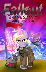 Size: 3223x5000 | Tagged: safe, artist:x-blackpearl-x, dinky hooves, pony, unicorn, fallout equestria, fallout equestria: the rejected ones, adult, armor, cape, clothes, cover art, explosion, fanfic, fanfic art, fantasy class, female, flag, glowing horn, gun, handgun, hooves, horn, knight, levitation, magic, magic sword, mare, paladin, pipbuck, pistol, poster, rifle, scope, sniper rifle, solo, sword, telekinesis, warrior, weapon