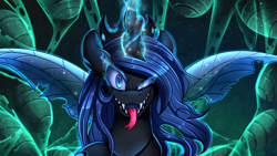 Size: 2280x1282 | Tagged: safe, artist:pridark, oc, oc:queen lahmia, changeling, changeling queen, blue changeling, bust, changeling queen oc, commission, female, high res, looking at you, open mouth, portrait, solo, tongue out