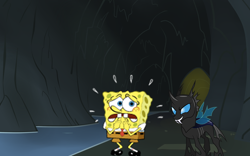 Size: 900x563 | Tagged: safe, artist:atmospark, artist:fryslan0109, changeling, cave, crossover, evil grin, fangs, finger biting, grin, hands on mouth, looking at each other, male, scared, smiling, spongebob squarepants, water, worried