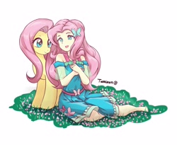 Size: 4388x3600 | Tagged: safe, artist:ltakkikun, artist:takkikun, fluttershy, human, pegasus, pony, better together, equestria girls, barefoot, cute, feet, female, geode of fauna, grass, hand on chest, high res, human coloration, human ponidox, humanized, magical geodes, mare, open mouth, pixiv, self ponidox, shyabetes, sitting, smiling