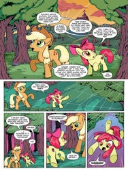 Size: 768x1024 | Tagged: safe, artist:caseycoller, idw, apple bloom, applejack, earth pony, pony, spoiler:comic, spoiler:comic85, apple, apple orchard, apple sisters, apple tree, comic, duo, female, filly, foal, mare, official comic, orchard, preview, siblings, sisters, speech bubble, spider web, tree