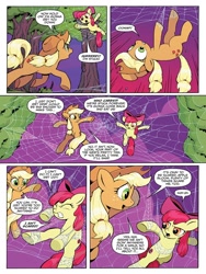 Size: 768x1024 | Tagged: safe, artist:caseycoller, idw, apple bloom, applejack, earth pony, pony, spoiler:comic, spoiler:comic85, apple sisters, comic, duo, female, filly, foal, mare, official comic, preview, siblings, sisters, speech bubble, spider web, tree