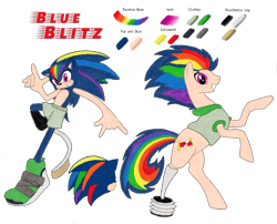 Size: 1024x829 | Tagged: safe, artist:spqr21, oc, oc:blue blitz, earth pony, hedgehog, pegasus, pony, amputee, crossover, devil horn (gesture), interspecies offspring, multicolored hair, offspring, parent:rainbow dash, parent:sonic the hedgehog, parents:sonicdash, prosthetic limb, prosthetics, rainbow hair, rearing, reference sheet, simple background, sonic the hedgehog, sonic the hedgehog (series), story included, transparent background