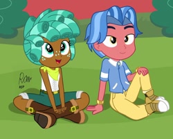 Size: 1080x864 | Tagged: safe, artist:rjp.rammy, biscuit, spur, equestria girls, growing up is hard to do, bandana, belt, boots, bracelet, clothes, converse, cute, equestria girls-ified, female, freckles, grass, jeans, jewelry, male, open mouth, pants, shirt, shoes, shorts, socks, weapons-grade cute, wristband