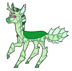 Size: 797x786 | Tagged: safe, artist:phobicalbino, oc, oc only, oc:toothpaste, hybrid, changeling hybrid, forked horn, green changeling, horn, multiple eyes, raised hoof, simple background, smug, solo, white background, zebra hybrid