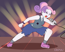 Size: 1000x800 | Tagged: safe, artist:empyu, sweetie belle, equestria girls, 30 minute art challenge, clothes, eyes closed, female, microphone, open mouth, screaming, shorts, solo, spiked wristband, tanktop, wristband