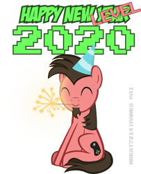 Size: 3500x4320 | Tagged: safe, artist:mrkat7214, oc, oc only, oc:ace play, earth pony, pony, 2020, facial hair, goatee, happy new year, hat, high res, holiday, male, mouth hold, party hat, simple background, sitting, smiling, solo, sparkler (firework), stallion, transparent background, vector