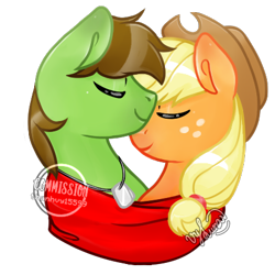 Size: 450x450 | Tagged: safe, artist:thanhvy15599, applejack, oc, oc:delta hooves, earth pony, pony, canon x oc, commission, couple, dog tags, hat, shipping, ych result