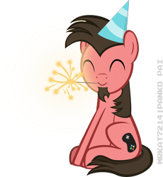 Size: 3500x3807 | Tagged: safe, artist:mrkat7214, oc, oc only, oc:ace play, earth pony, pony, 2020, facial hair, goatee, happy new year, hat, high res, holiday, male, mouth hold, party hat, simple background, sitting, smiling, solo, sparkler (firework), stallion, transparent background, vector