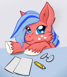 Size: 690x799 | Tagged: safe, artist:flickswitch, oc, oc only, oc:flickswitch, pony, blue eyes, desk, digital art, eyelashes, female, fluffy, freckles, glasses off, happy, mare, paper, pencil