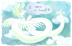 Size: 1088x690 | Tagged: safe, artist:tilling-tan, vapor trail, lamia, original species, cloud, forked tongue, lamiafied, species swap, tail wings, text, wings