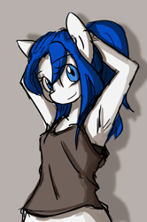 Size: 1276x1916 | Tagged: safe, artist:spheedc, oc, oc only, oc:light chaser, anthro, earth pony, anthro oc, arm behind head, armpits, clothes, digital art, female, gray background, looking at you, mare, ponytail, simple background, solo, tanktop