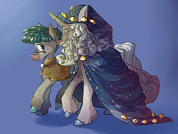 Size: 4032x3024 | Tagged: safe, artist:heyerika, star swirl the bearded, stygian, pony, unicorn, alternate design, colored hooves, eyes closed, glasses, male, simple background, walking