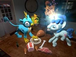 Size: 1024x768 | Tagged: safe, artist:horsesplease, gallus, party favor, unicorn, 2020, 3d, dinner, doggie favor, food, gallus the rooster, gmod, happy new year, holiday, labradoodle, meat