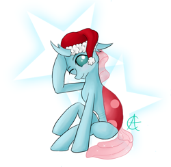 Size: 1025x1000 | Tagged: safe, artist:cyancyn, artist:cynfularts, ocellus, changedling, changeling, anatomically incorrect, christmas, christmas changeling, cute, diaocelles, female, hat, hearth's warming, holiday, hoof on head, incorrect leg anatomy, one eye closed, santa hat, sitting, solo, wink