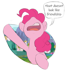 Size: 957x1033 | Tagged: safe, artist:corgitheborki, derpibooru import, pinkie pie, earth pony, pony, breaking the fourth wall, fourth wall, friendship, reaction image, simple background, solo, that's not friendship, transparent background