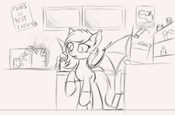 Size: 1980x1298 | Tagged: safe, artist:krash42, oc, oc only, bat pony, pony, bat pony oc, beaker, clothes, cute, ear fluff, female, laboratory, mare, microscope, monochrome, newbie artist training grounds, poster, raised hoof, science, socks, solo, spread wings, test tube, wings