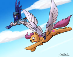 Size: 1920x1505 | Tagged: safe, artist:shieltar, scootaloo, oc, pegasus, pony, amputee, artificial wings, augmented, eyepatch, flying, male, mechanical wing, older, prosthetic limb, prosthetic wing, prosthetics, scootaloo can fly, song in the comments, stallion, wings