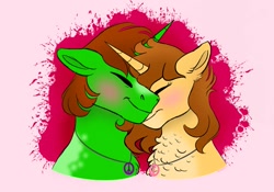 Size: 1067x749 | Tagged: safe, artist:bellbell123, oc, oc:aspen, oc:ryan, alicorn, pony, alicorn oc, anniversary, couple, female, hippie, jewelry, male, necklace, peace symbol, romantic, ryspen, straight