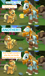 Size: 1920x3240 | Tagged: safe, artist:red4567, applejack, rockhoof, earth pony, pony, 3d, another, cup, smashing, source filmmaker, thor