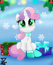 Size: 2400x2945 | Tagged: safe, artist:theretroart88, sweetie belle, pony, unicorn, abstract background, blushing, chest fluff, christmas, clothes, cute, daaaaaaaaaaaw, diasweetes, female, filly, gloves, head tilt, heart, holiday, holly, looking at you, present, scarf, sitting, smiling, snow, snowflake, socks, solo, theretroart88 is trying to murder us, weapons-grade cute