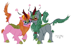 Size: 3122x1999 | Tagged: safe, artist:edhelistar, derpibooru exclusive, oc, oc only, oc:edhelistar, oc:maia matsuno, kirin, 2020 community collab, cloven hooves, derpibooru community collaboration, duo, female, floating heart, glasses, hairband, heart, heterochromia, kanji, kirin oc, kirin-ified, male, mixed media, non-mlp oc, oc x oc, one eye closed, ponysona, shipping, signature, simple background, species swap, straight, tengwar, transparent background