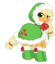 Size: 435x501 | Tagged: safe, artist:norang94, applejack, earth pony, pony, christmas stocking, cloak, clothes, cute, female, hatless, hood, jackabetes, looking at you, mare, missing accessory, simple background, solo, transparent background, winter outfit