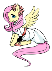 Size: 462x631 | Tagged: safe, artist:norang94, fluttershy, pegasus, pony, clothes, cute, dress, female, hair accessory, hoof shoes, looking at you, mare, profile, shyabetes, simple background, sitting, solo, spread wings, spring, white background, white dress, wings