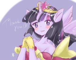 Size: 1184x933 | Tagged: safe, artist:moh_mlp2, twilight sparkle, twilight sparkle (alicorn), alicorn, anthro, magical mystery cure, bare shoulders, blushing, bust, clothes, colored pupils, coronation dress, crown, cute, dress, female, jewelry, off shoulder, older, older twilight, regalia, solo, thank you, twiabetes