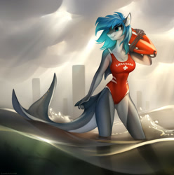 Size: 1600x1613 | Tagged: safe, artist:tomatocoup, oc, oc:erika, anthro, original species, plantigrade anthro, shark, shark pony, barely pony related, beach, clothes, cloud, ear piercing, female, lifeguard, mare, monster mare, ocean, one-piece swimsuit, pale belly, piercing, smiling, solo, swimsuit, tail piercing